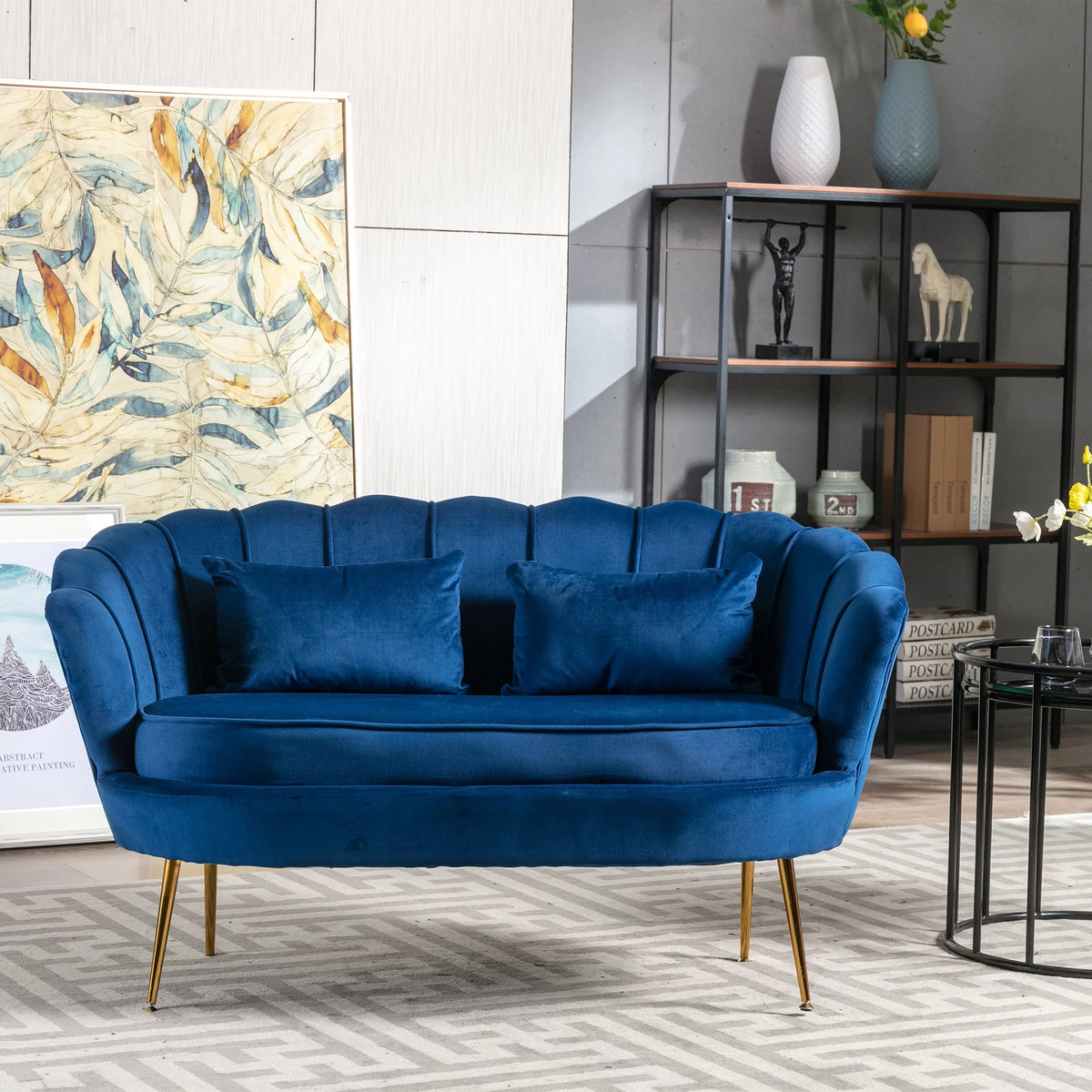 Blue Velvet Channel Tufted Loveseat with Gold Legs M68192